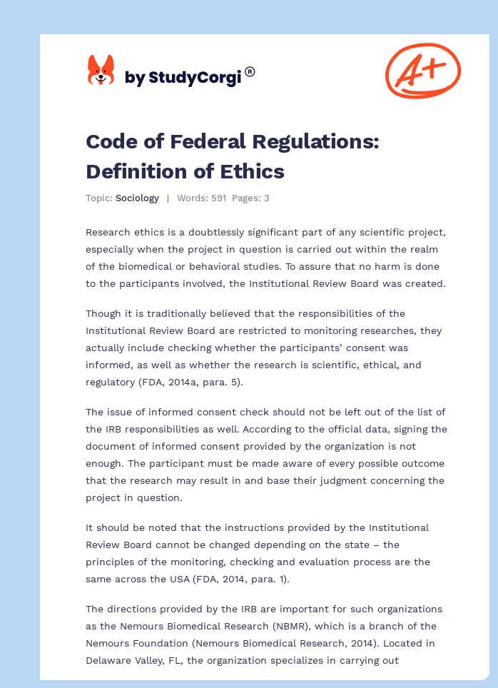 Code of Federal Regulations: Definition of Ethics. Page 1