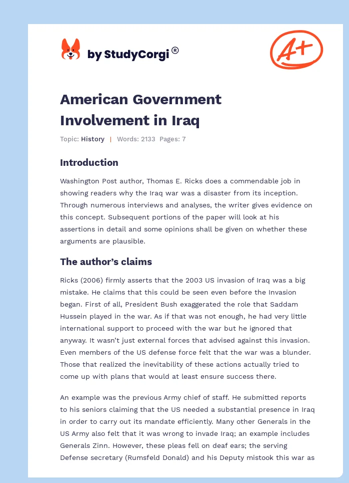 American Government Involvement in Iraq. Page 1