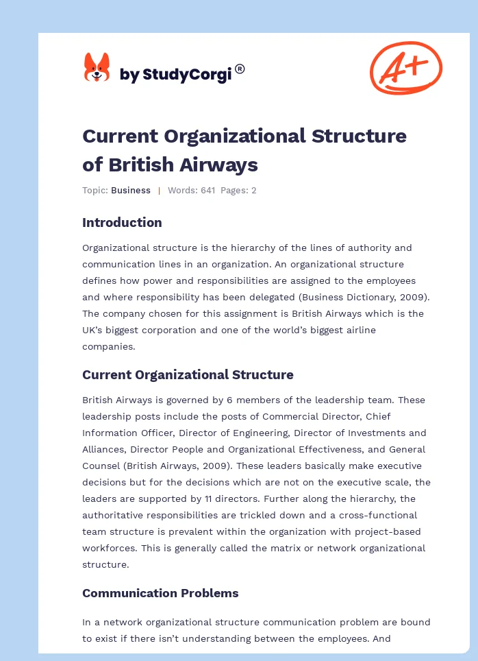 Current Organizational Structure of British Airways. Page 1