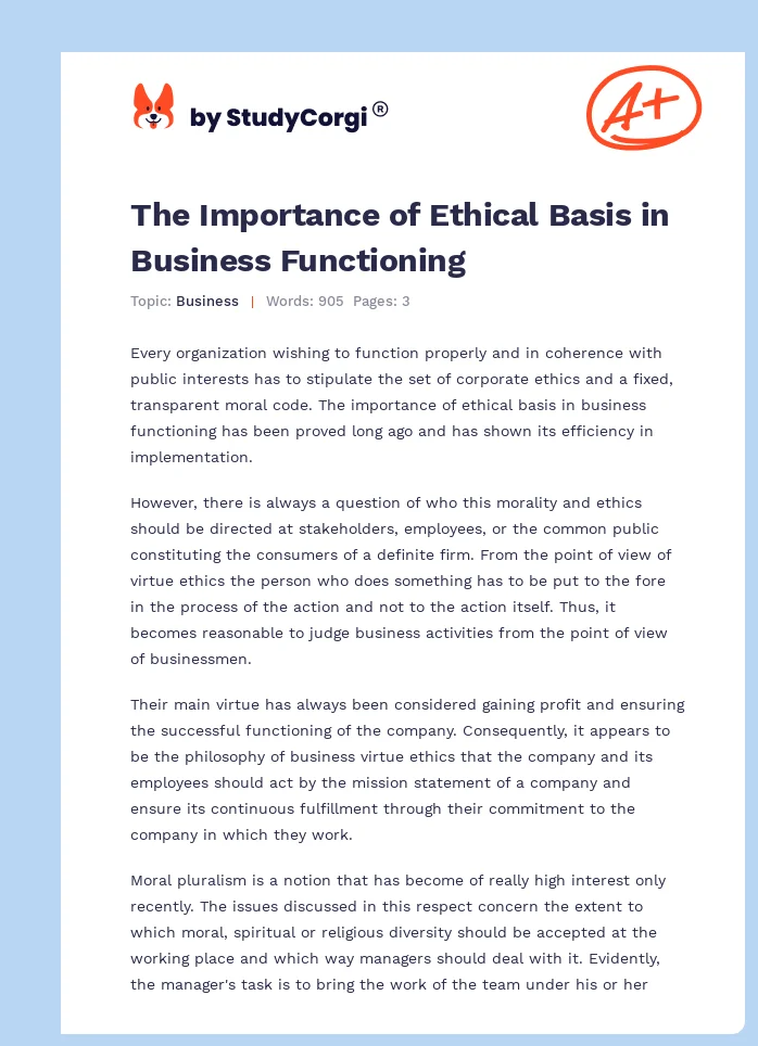 The Importance of Ethical Basis in Business Functioning. Page 1