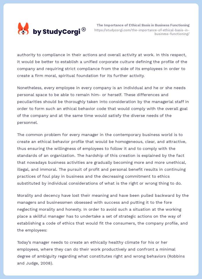 The Importance of Ethical Basis in Business Functioning. Page 2