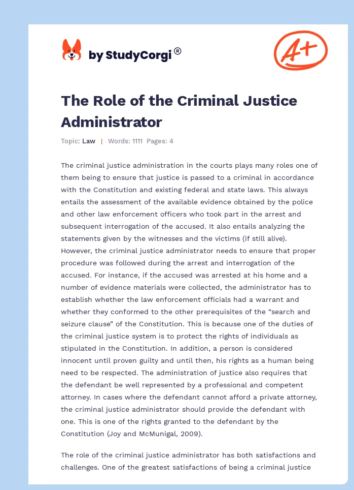 The Role of the Criminal Justice Administrator. Page 1