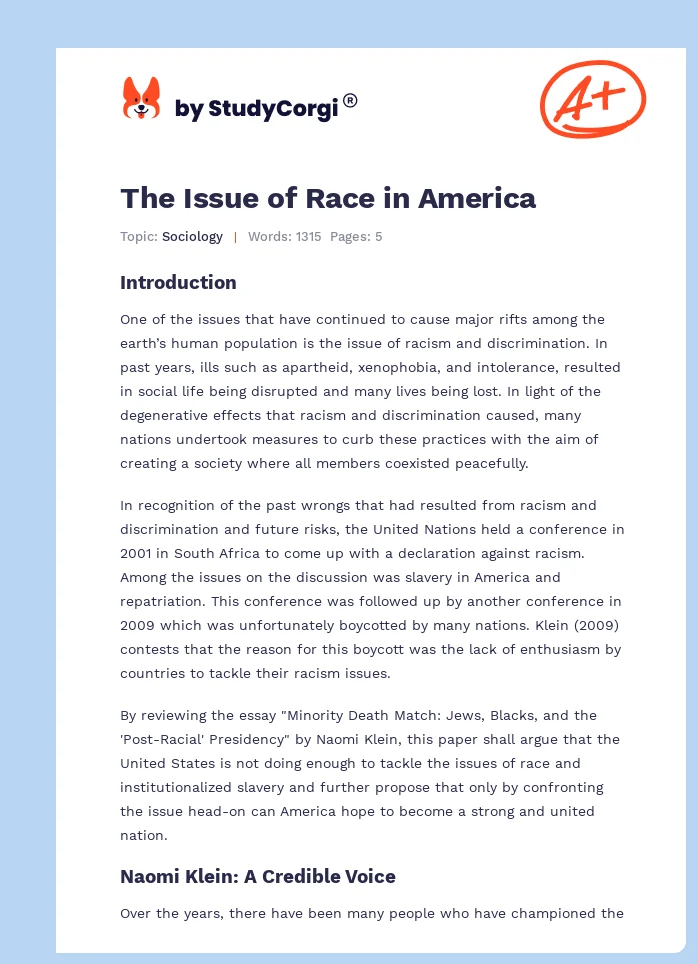 The Issue of Race in America. Page 1