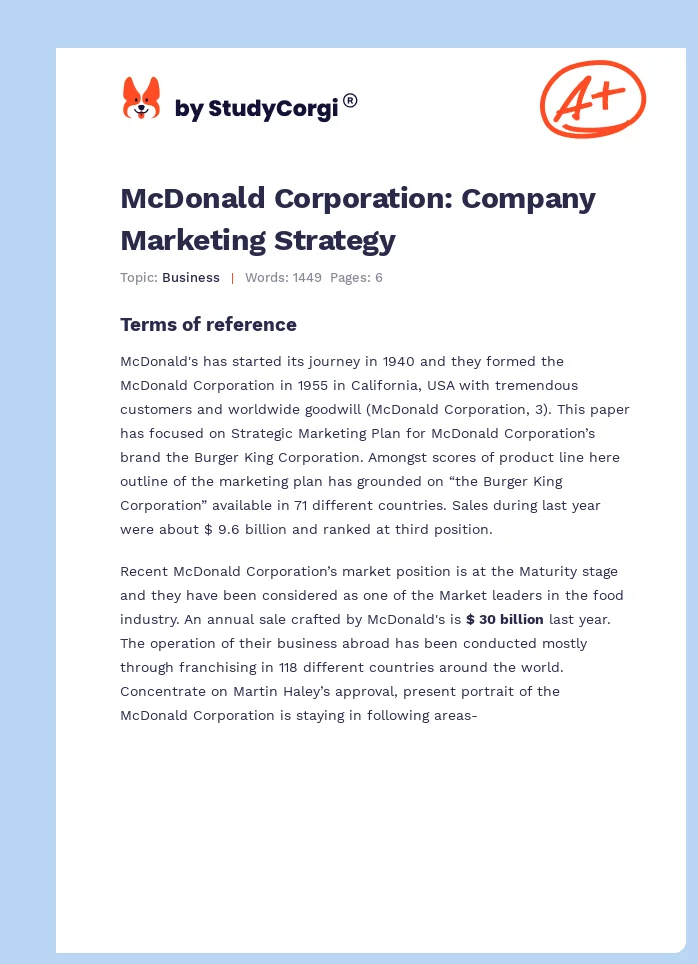 McDonald Corporation: Company Marketing Strategy. Page 1