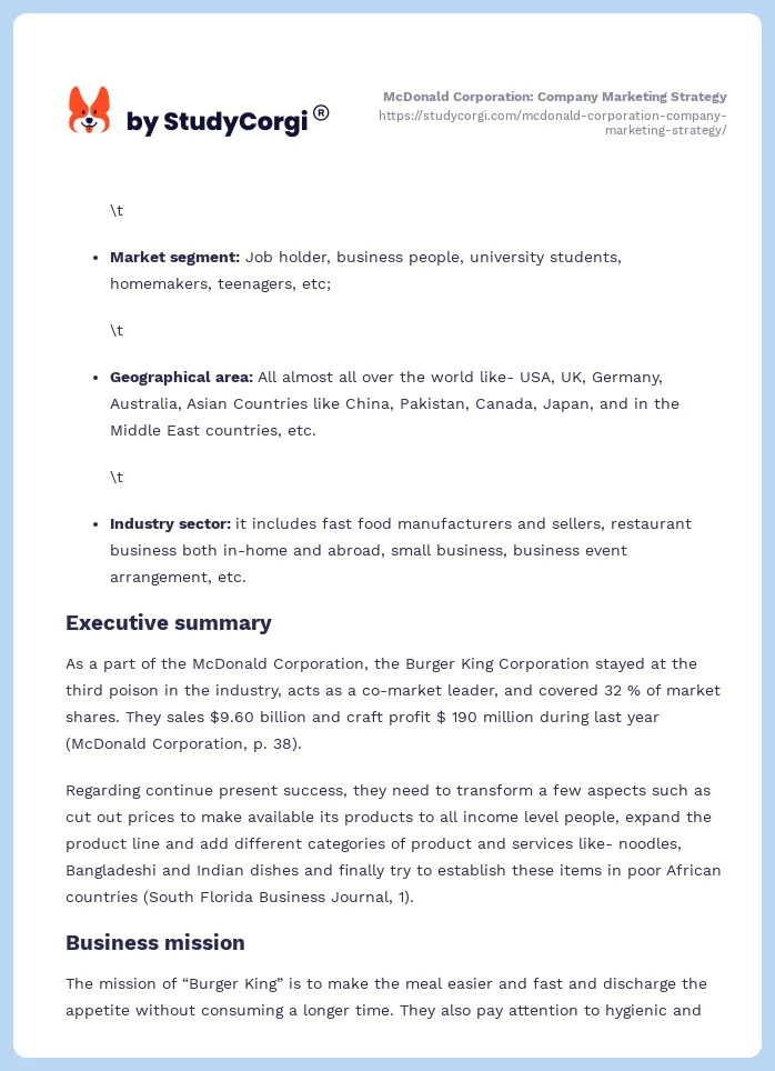 McDonald Corporation: Company Marketing Strategy. Page 2