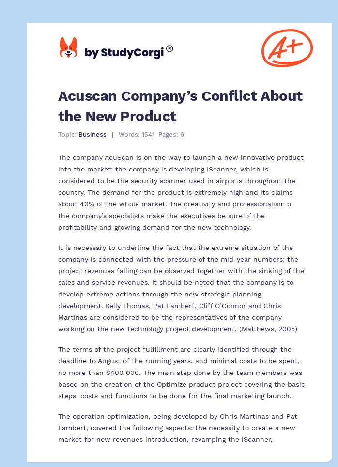 Acuscan Company’s Conflict About the New Product. Page 1