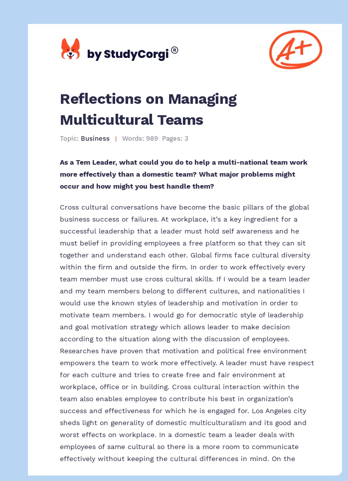 Reflections on Managing Multicultural Teams. Page 1