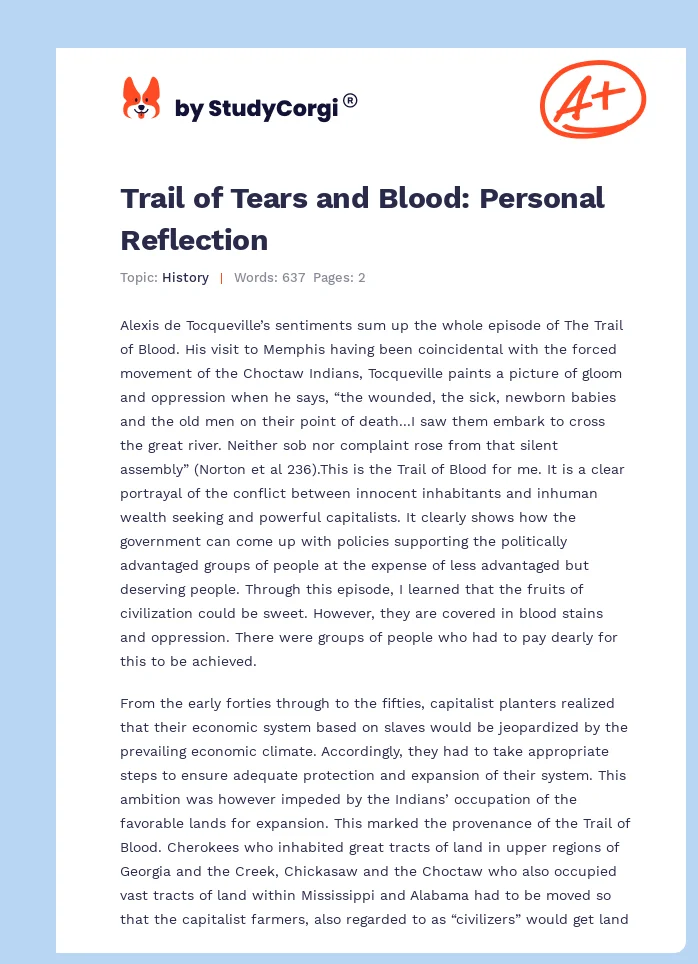 Trail of Tears and Blood: Personal Reflection. Page 1