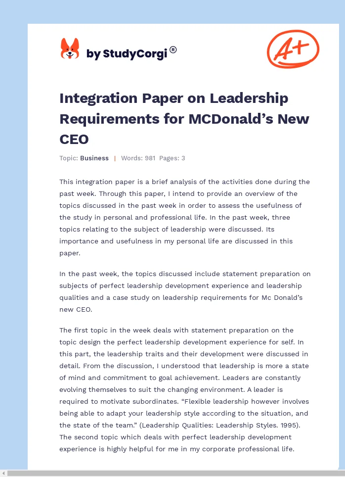 Integration Paper on Leadership Requirements for MCDonald’s New CEO. Page 1