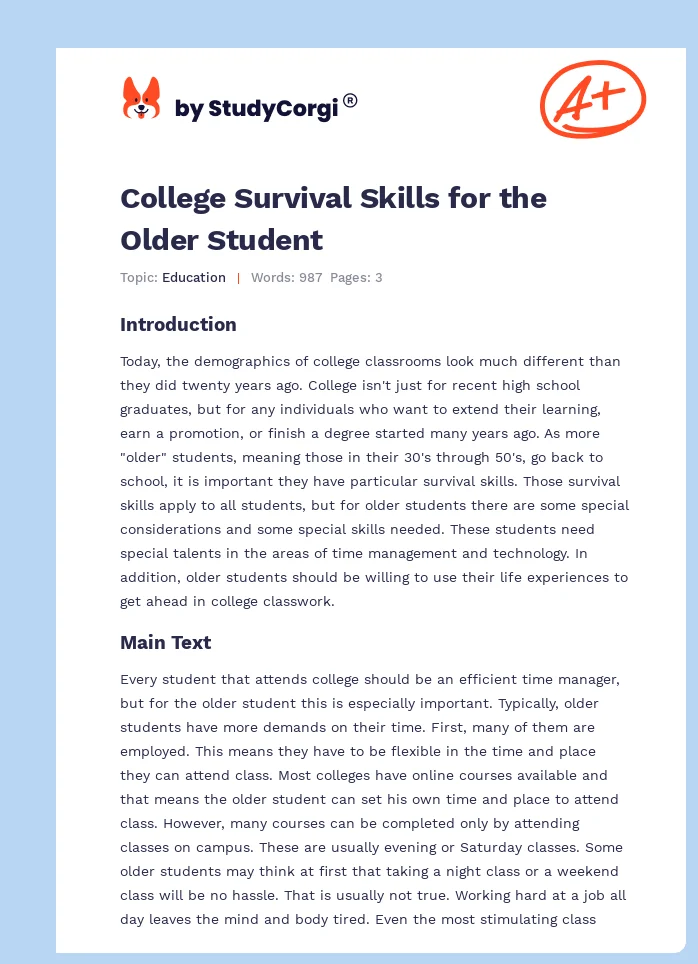 College Survival Skills for the Older Student. Page 1
