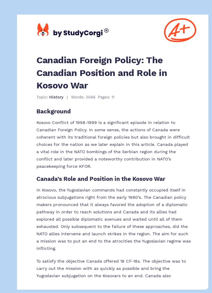 Canadian Foreign Policy: The Canadian Position and Role in Kosovo War. Page 1
