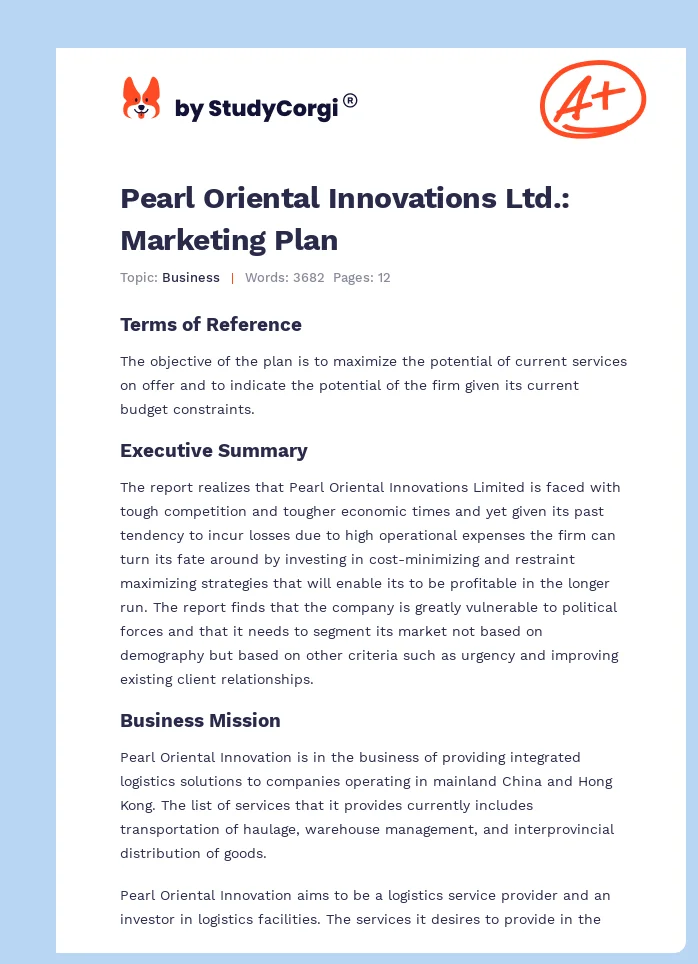 Pearl Oriental Innovations Ltd.: Marketing Plan. Page 1