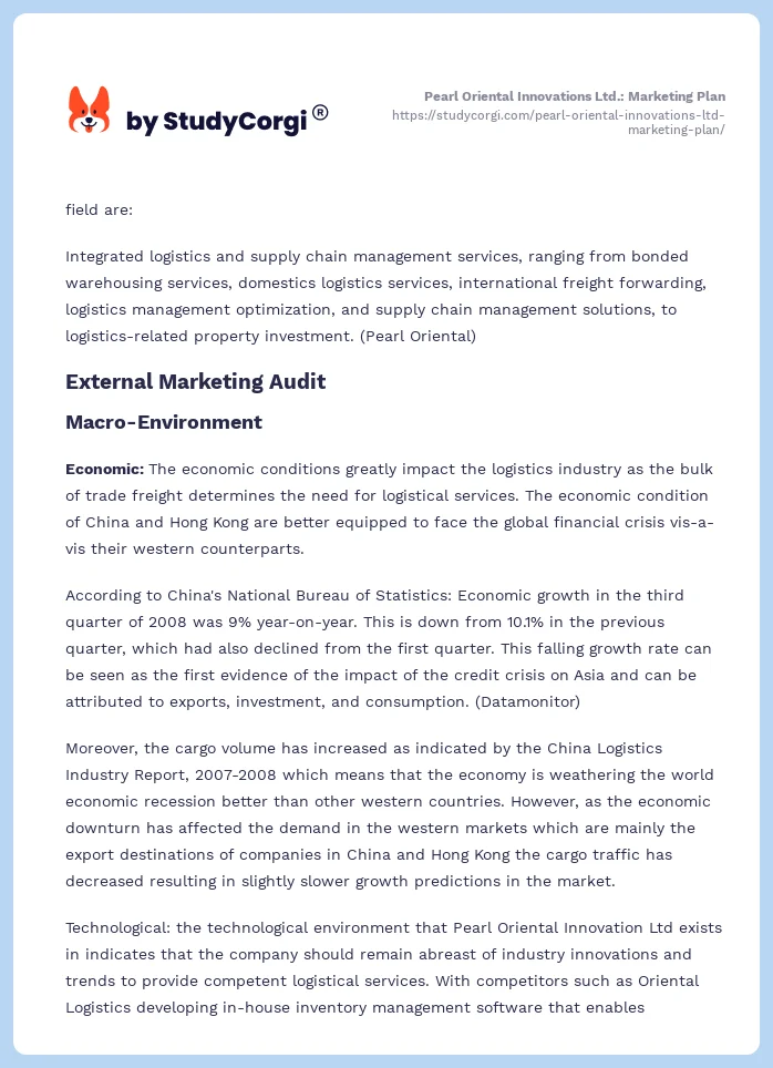 Pearl Oriental Innovations Ltd.: Marketing Plan. Page 2