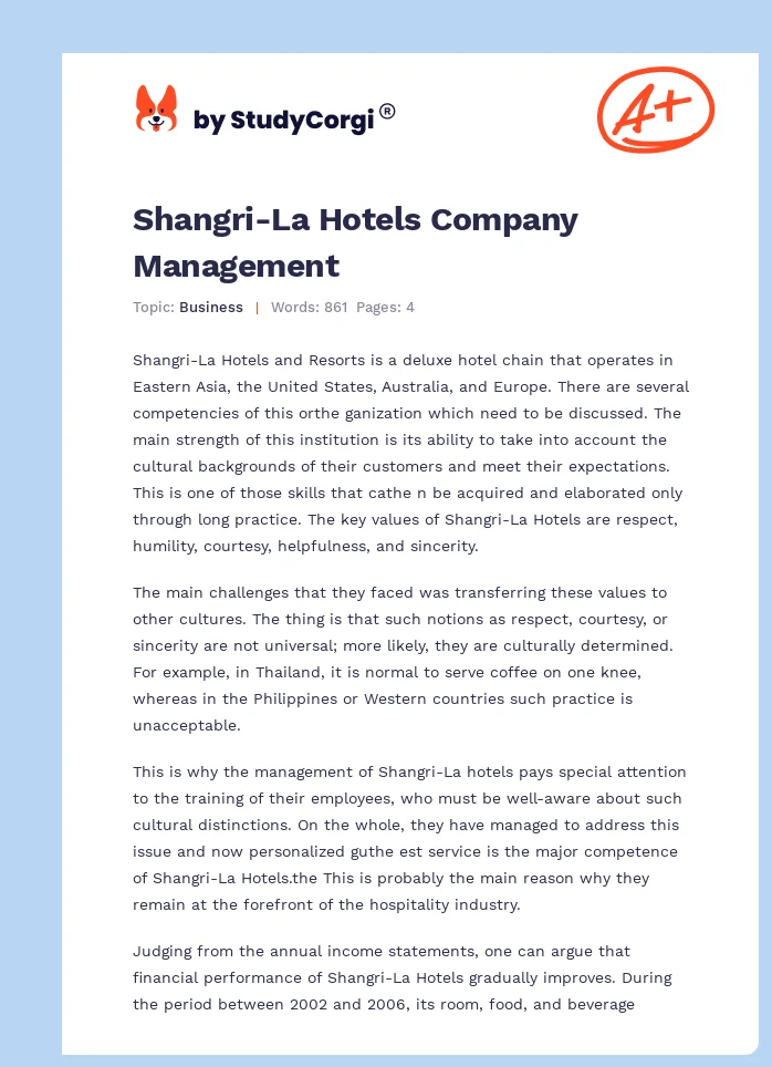 Shangri-La Hotels Company Management. Page 1