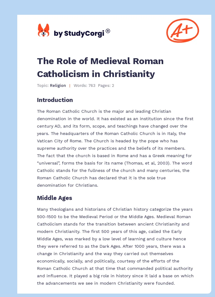 The Role of Medieval Roman Catholicism in Christianity. Page 1