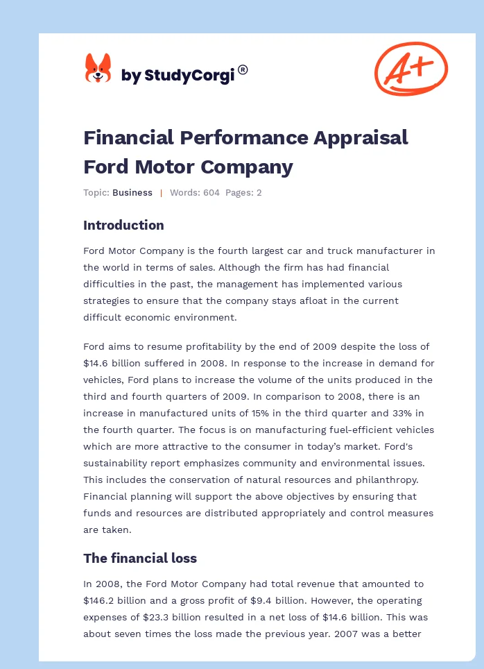 Financial Performance Appraisal Ford Motor Company. Page 1