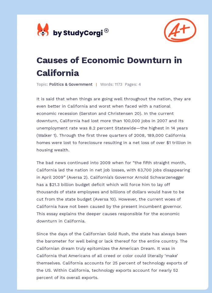 Causes of Economic Downturn in California. Page 1