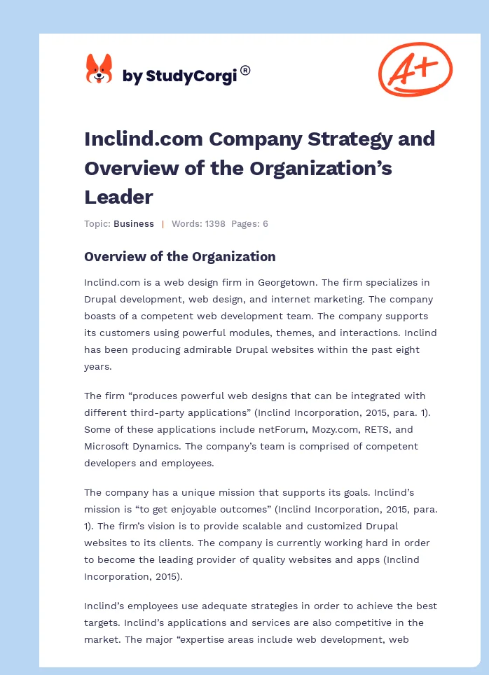 Inclind.com Company Strategy and Overview of the Organization’s Leader. Page 1