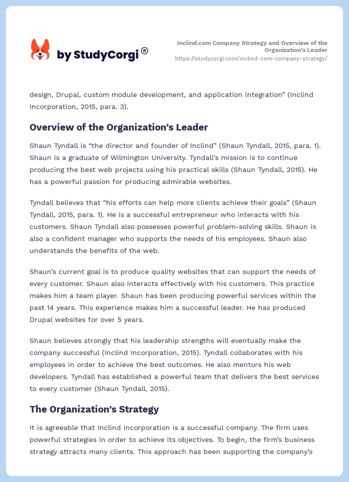 Inclind.com Company Strategy and Overview of the Organization’s Leader. Page 2