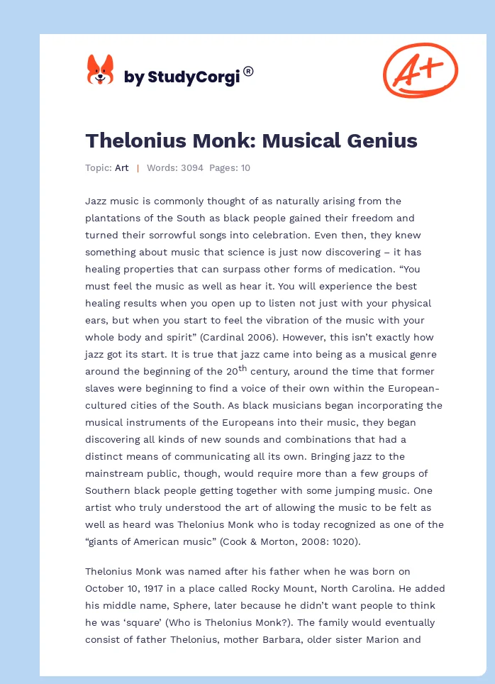 Thelonius Monk: Musical Genius. Page 1