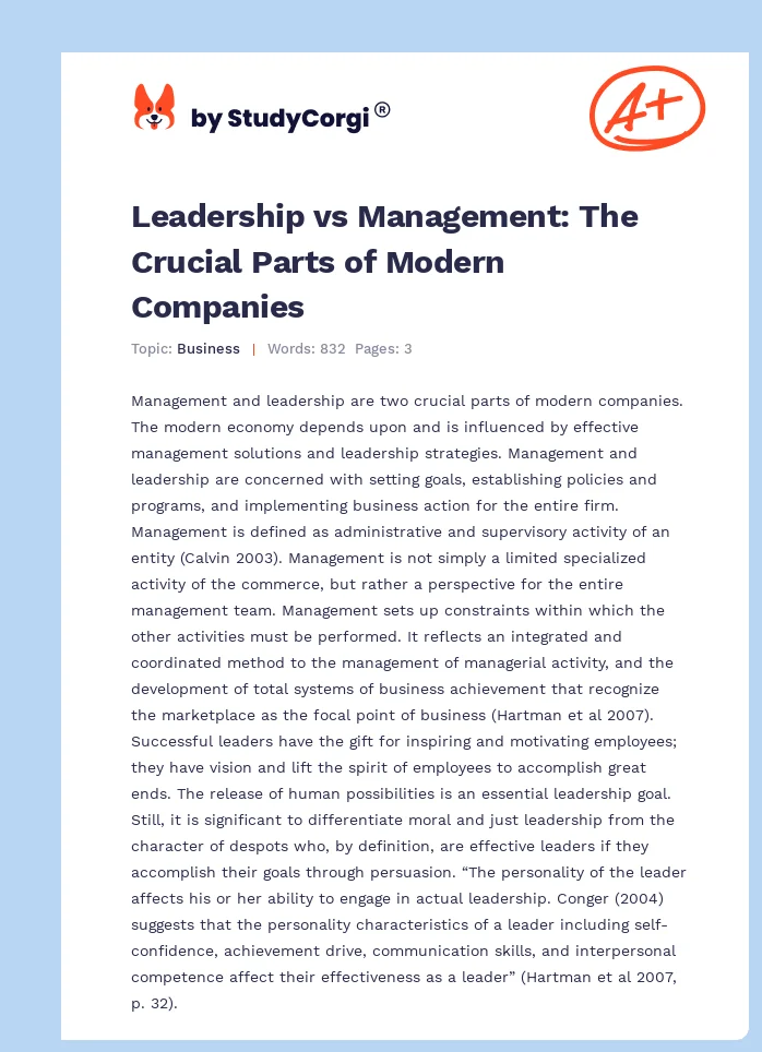 Leadership vs Management: The Crucial Parts of Modern Companies. Page 1