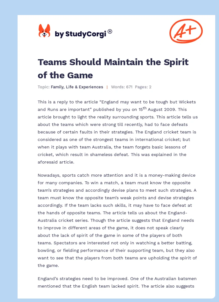 Teams Should Maintain the Spirit of the Game. Page 1