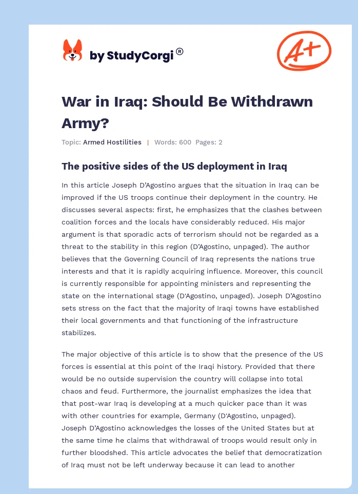 War in Iraq: Should Be Withdrawn Army?. Page 1