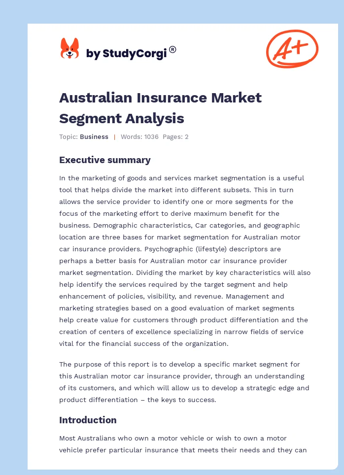 Australian Insurance Market Segment Analysis. Page 1