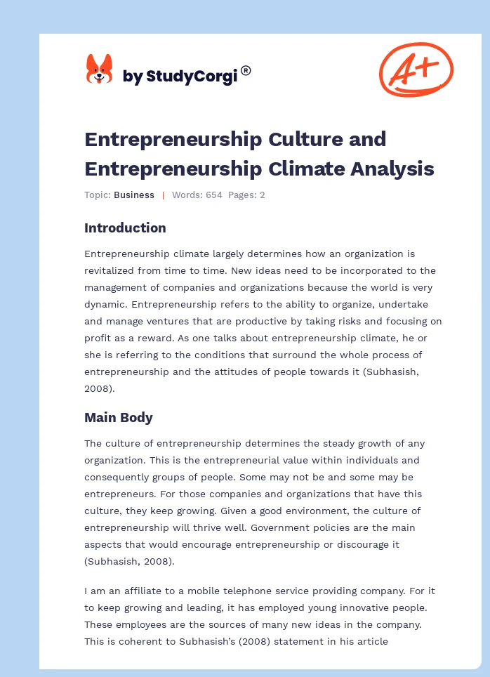 Entrepreneurship Culture and Entrepreneurship Climate Analysis. Page 1