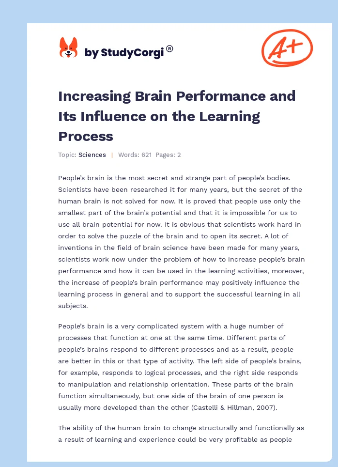 Increasing Brain Performance and Its Influence on  the Learning Process. Page 1