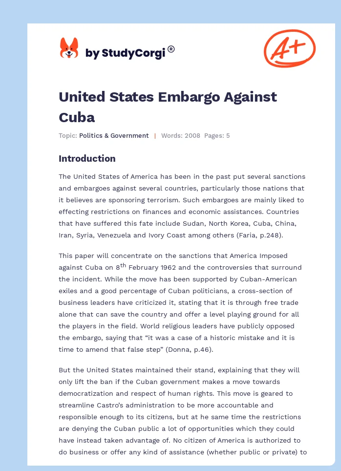 United States Embargo Against Cuba. Page 1