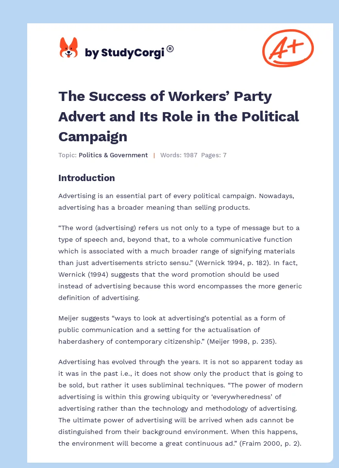 The Success of Workers’ Party Advert and Its Role in the Political Campaign. Page 1