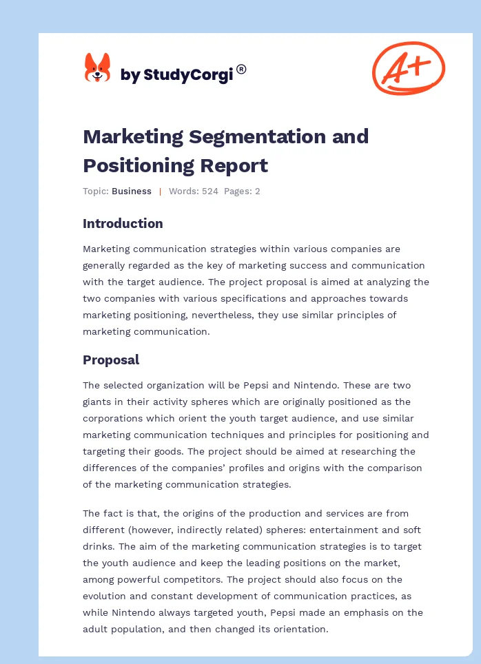 Marketing Segmentation and Positioning Report. Page 1