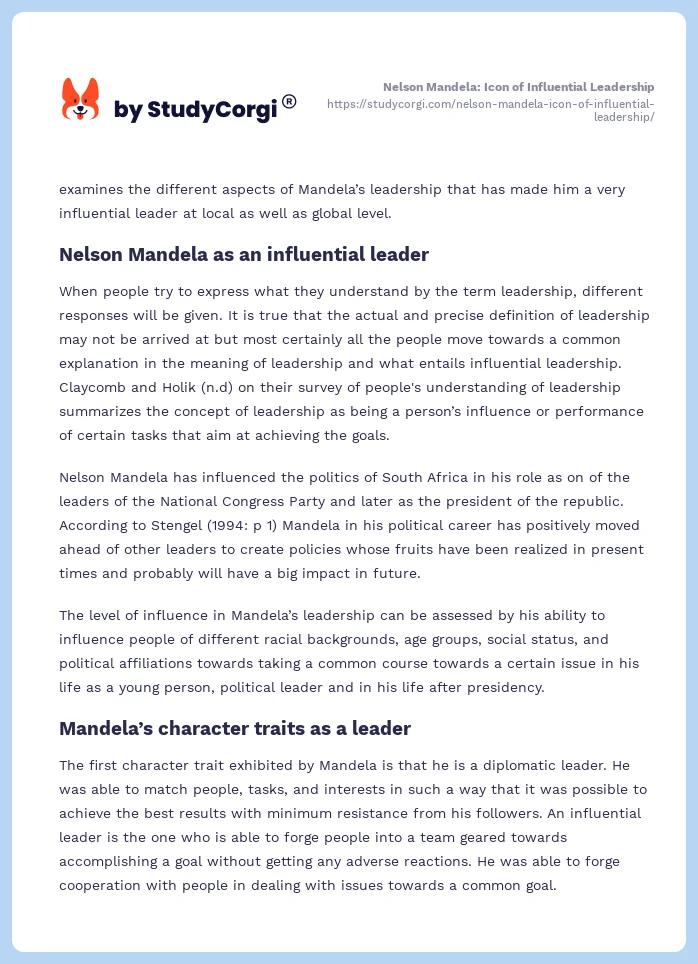 Nelson Mandela: Icon of Influential Leadership. Page 2