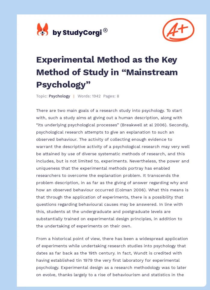 Experimental Method as the Key Method of Study in “Mainstream Psychology”. Page 1