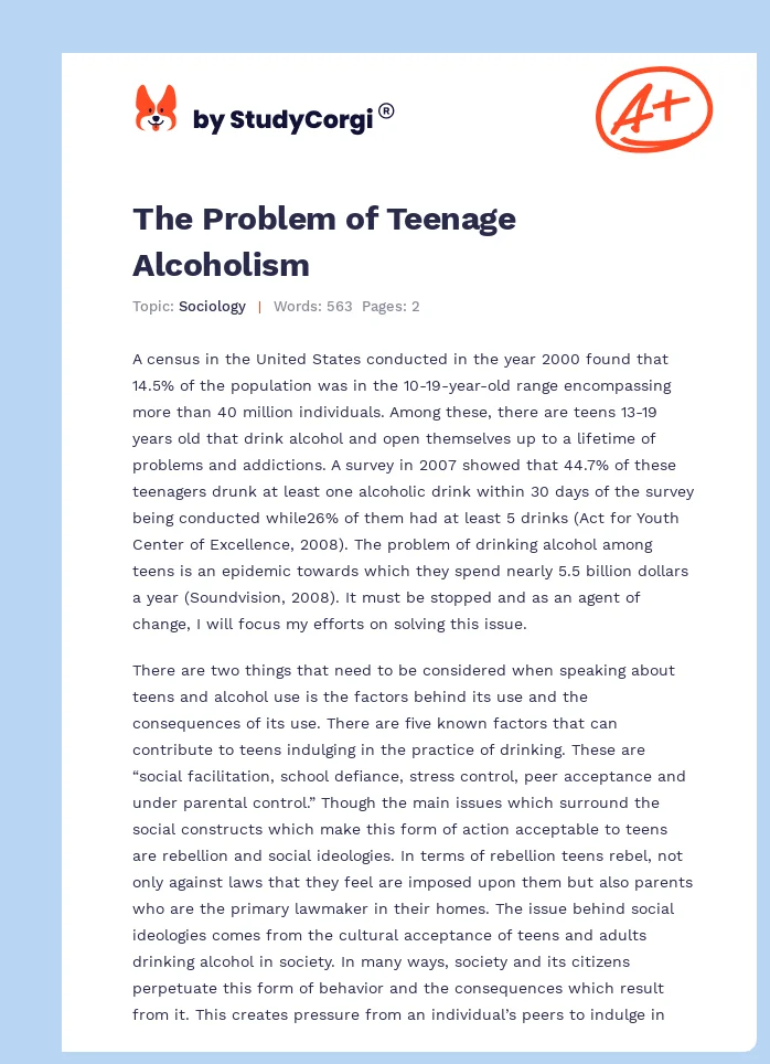 The Problem of Teenage Alcoholism. Page 1
