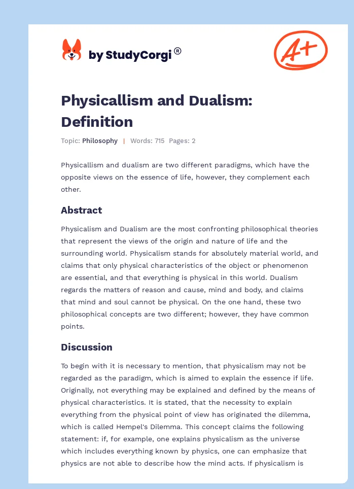Physicallism and Dualism: Definition. Page 1