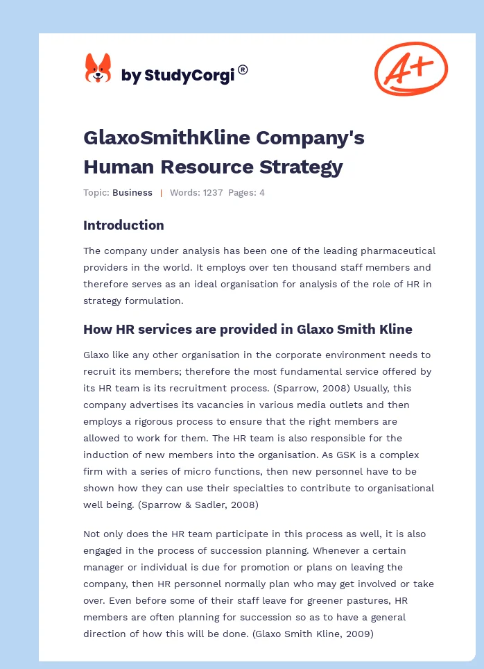 GlaxoSmithKline Company's Human Resource Strategy. Page 1