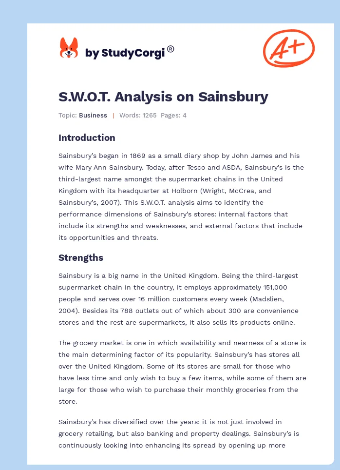 S.W.O.T. Analysis on Sainsbury. Page 1