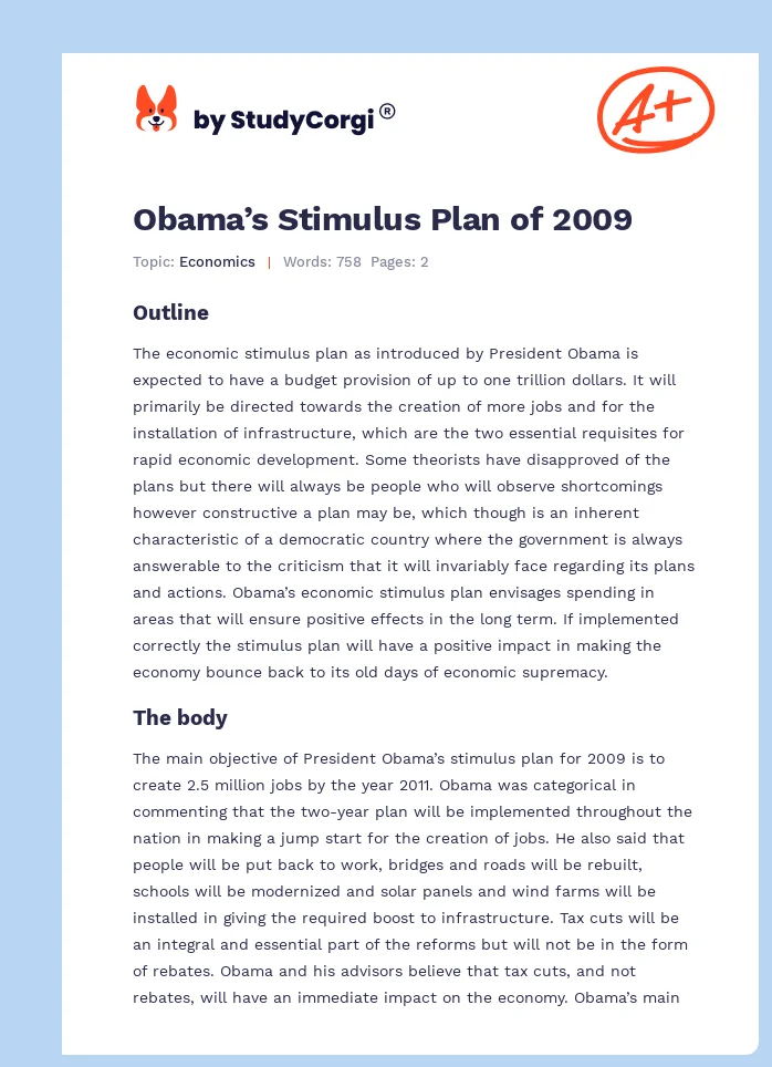 Obama’s Stimulus Plan of 2009. Page 1