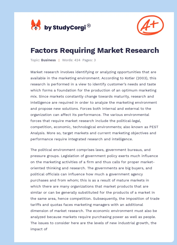 Factors Requiring Market Research. Page 1