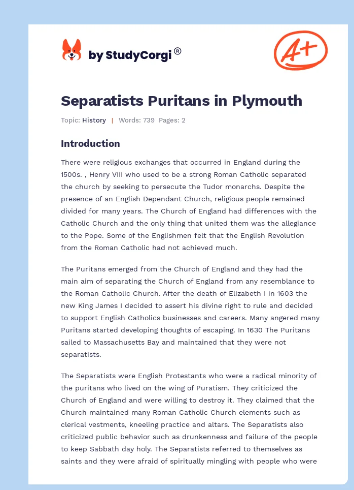 Separatists Puritans in Plymouth. Page 1