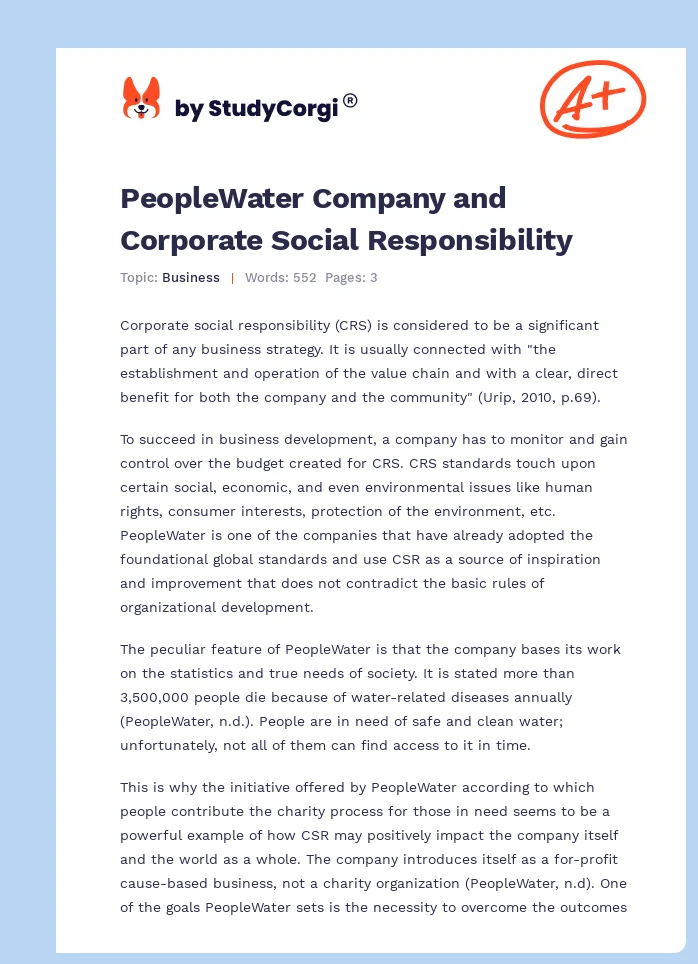 PeopleWater Company and Corporate Social Responsibility. Page 1