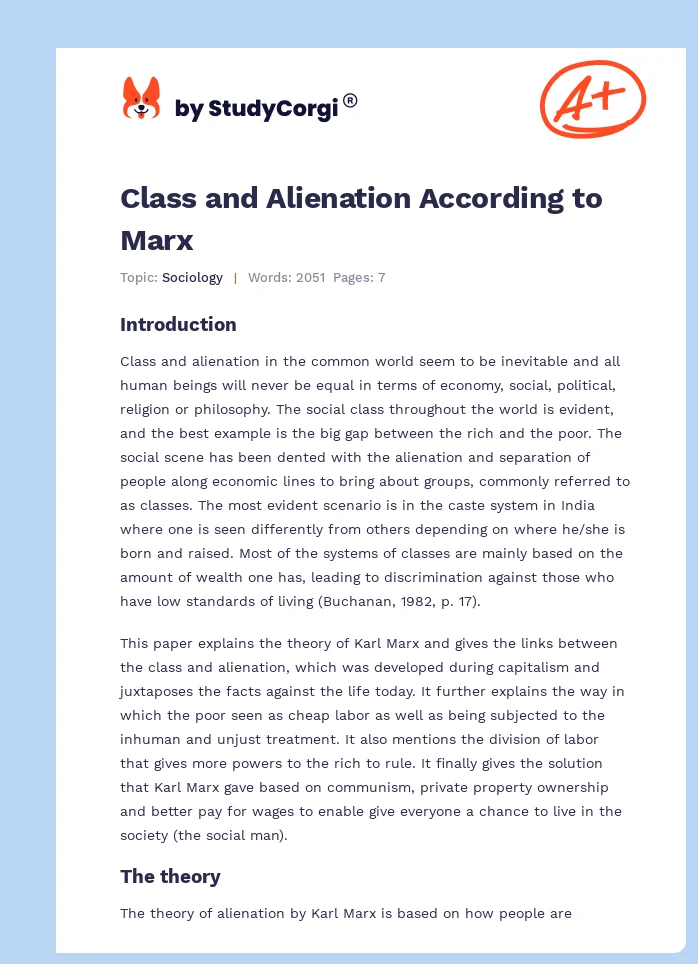Class and Alienation According to Marx. Page 1
