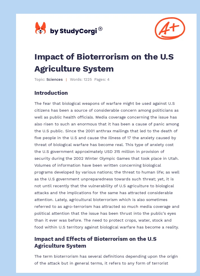 Impact of Bioterrorism on the U.S Agriculture System. Page 1