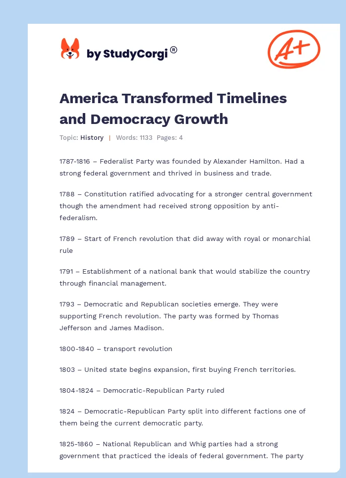 America Transformed Timelines and Democracy Growth. Page 1