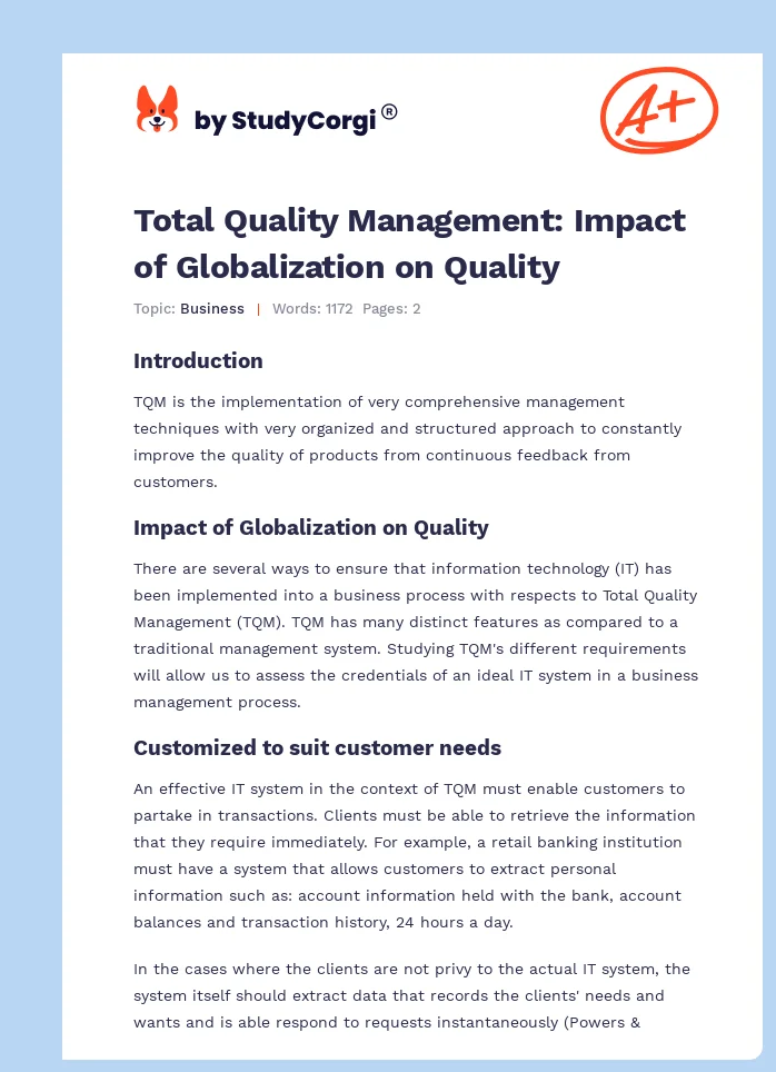 Total Quality Management: Impact of Globalization on Quality. Page 1