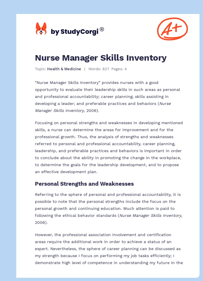 Nurse Manager Skills Inventory. Page 1