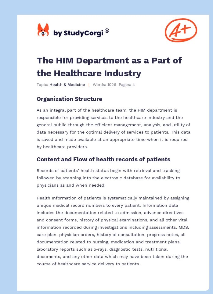 The HIM Department as a Part of the Healthcare Industry. Page 1