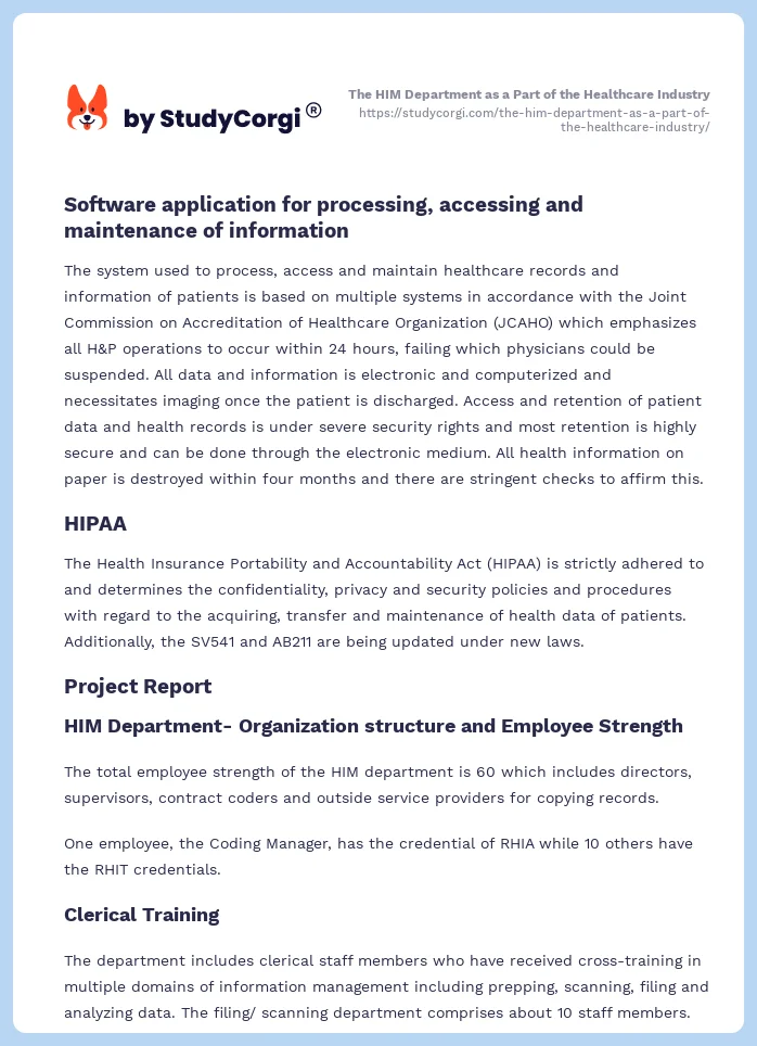 The HIM Department as a Part of the Healthcare Industry. Page 2